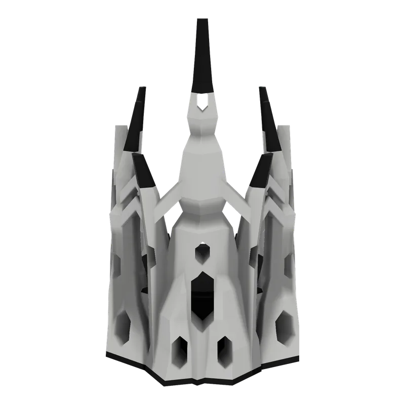Back view: the serrated back blade with its rune windows, flanked by two shards and a pointed arch