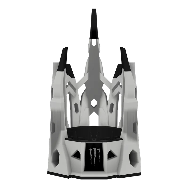 Front view: recessed black panel with the claw mark between two dark eye windows